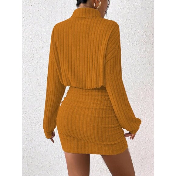 Women Orange Long Sleeve Turtle Neck Cute Ribbed Knit Pullover Sweater Dress - Picture 3 of 5